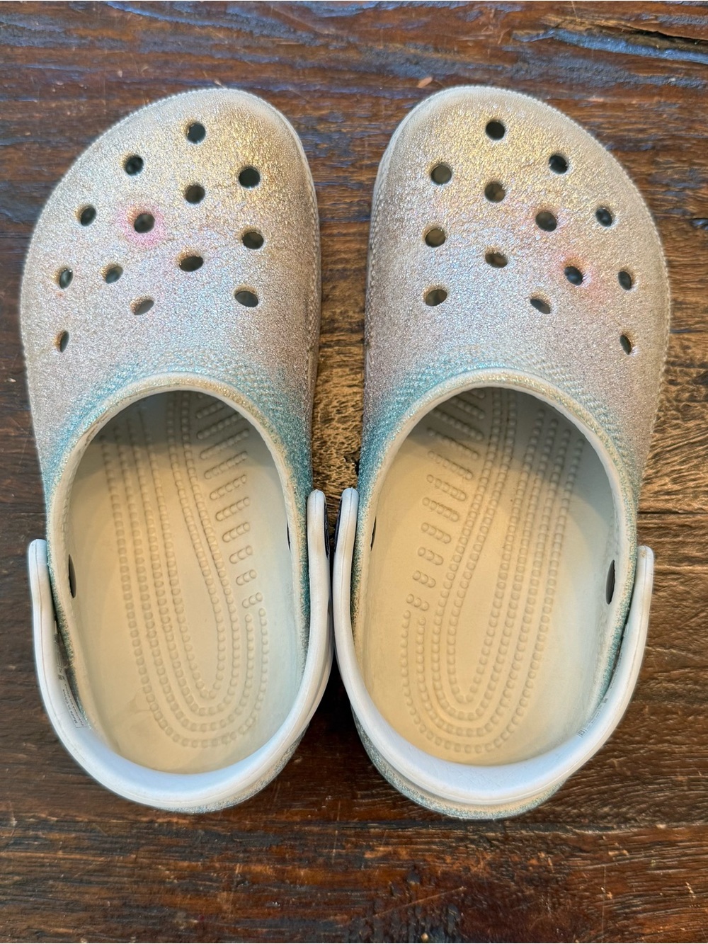 Kids Pink and Turquoise Glitter Crocs J1